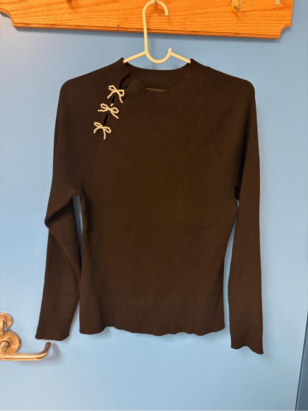 BCX Black Asymmetrical Ribbed Sweater with Decorative Pearl Bows Size XL